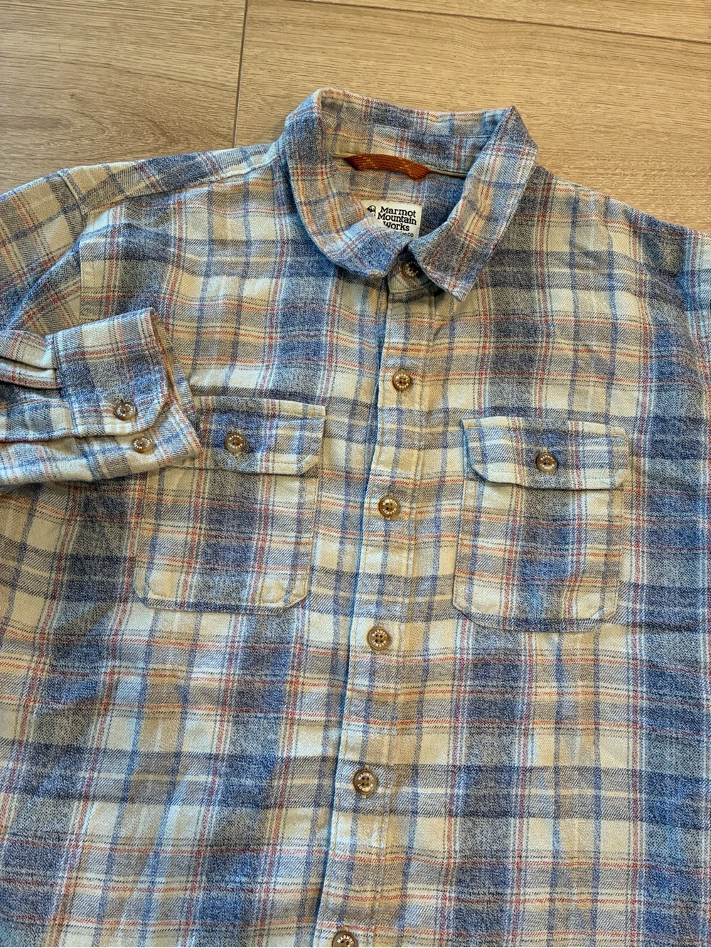 Marmot Men’s Fairfax Heathered Flannel Shirt Sandbar Plaid Blue Tan Size S